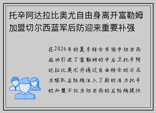 托辛阿达拉比奥尤自由身离开富勒姆加盟切尔西蓝军后防迎来重要补强 托辛阿达拉比奥尤自由身离开富勒姆加盟切尔西蓝军后防迎来重要补强